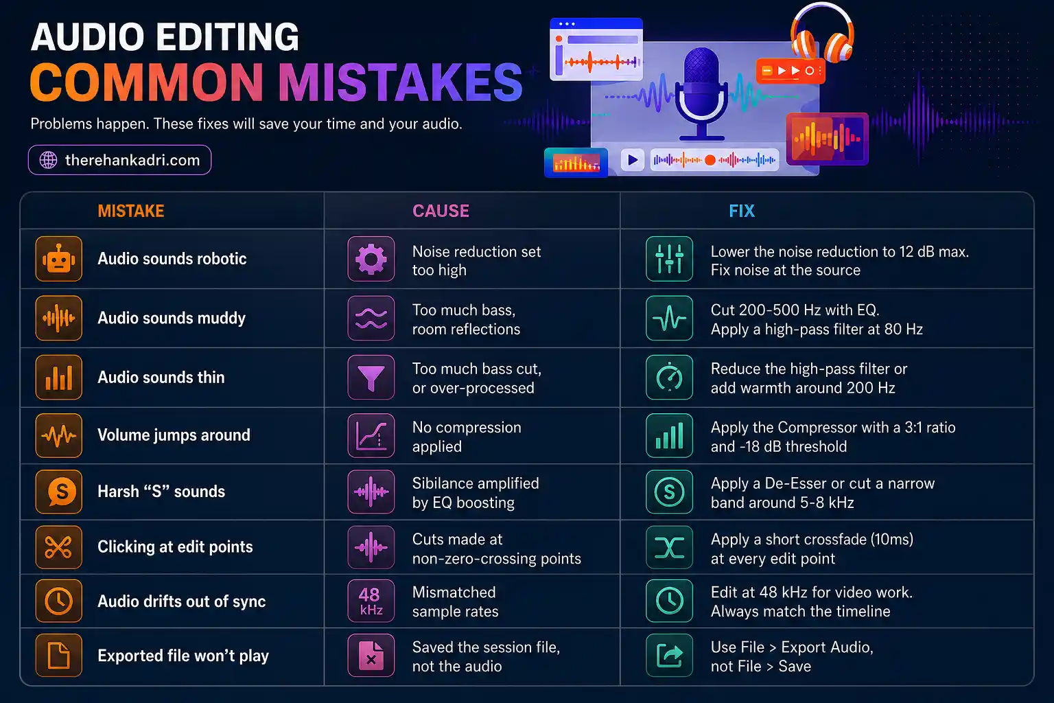 Infographic showing common audio editing mistakes, their causes, and the fixes